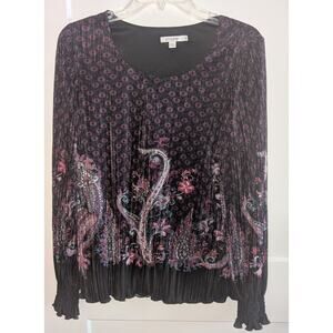 Chico's Paisley Crinkle Blouse Size Large US Purple Black Long Sleeve